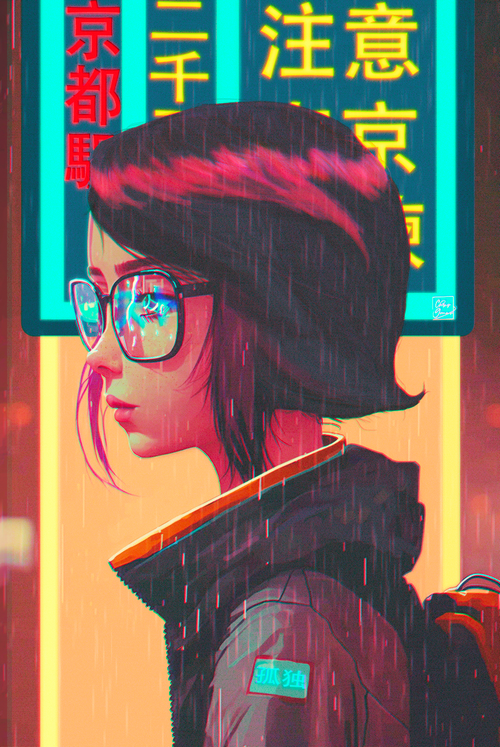 Girl with glasses in the rain at a Japanese station