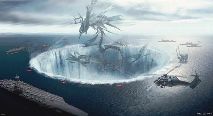 Giant sea creature emerges from ocean vortex near aircraft carriers