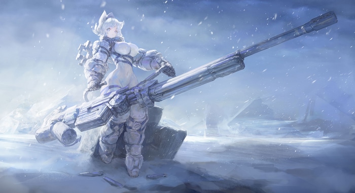 4K Anime Girl with Cat Ears and Giant Gun in Snow