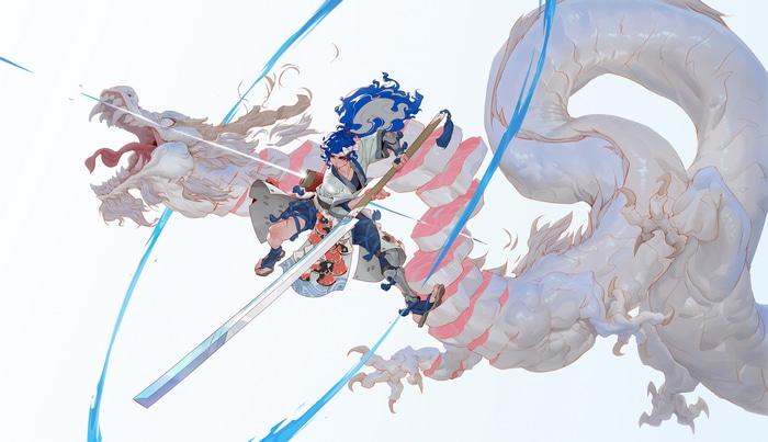 Anime boy with sword and white Chinese dragon
