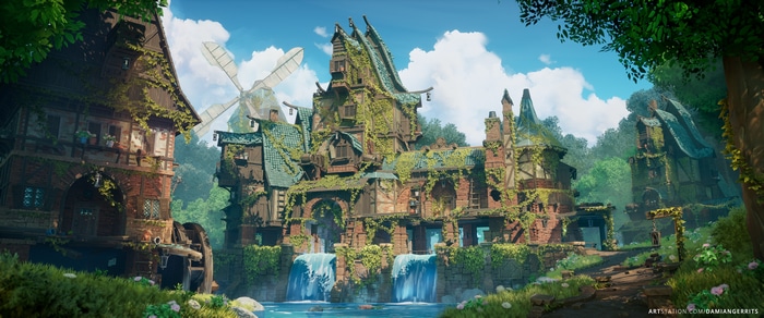 Overgrown medieval village with waterfalls and windmill