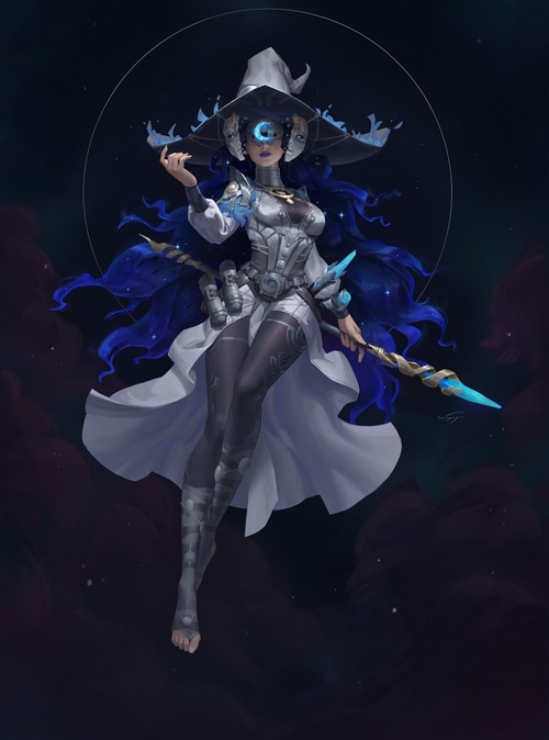 Woman with a witch hat and staff in space