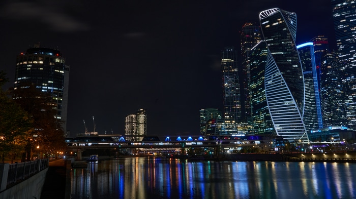 4K night view of Moscow skyscrapers and river