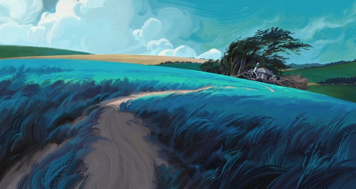 A windswept path through a grassy field