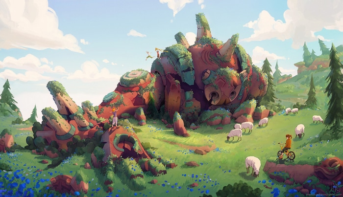 Giant ancient robot overgrown with moss and plants in a field