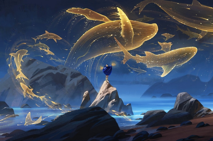 Girl and glowing whales in Sky: Children of the Light