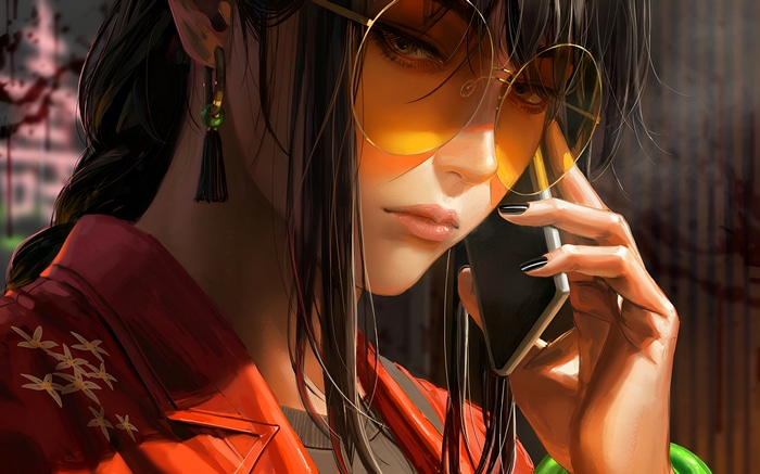 Asian woman with glasses talking on the phone