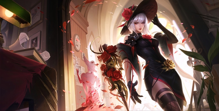 Game CG of a woman in a black dress with roses
