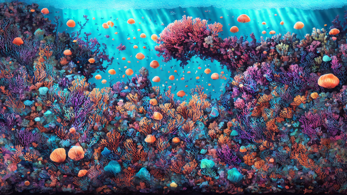 Vibrant coral reef with jellyfish and fish underwater