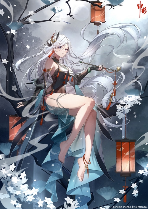 Shenhe from Genshin Impact with lanterns and flowers