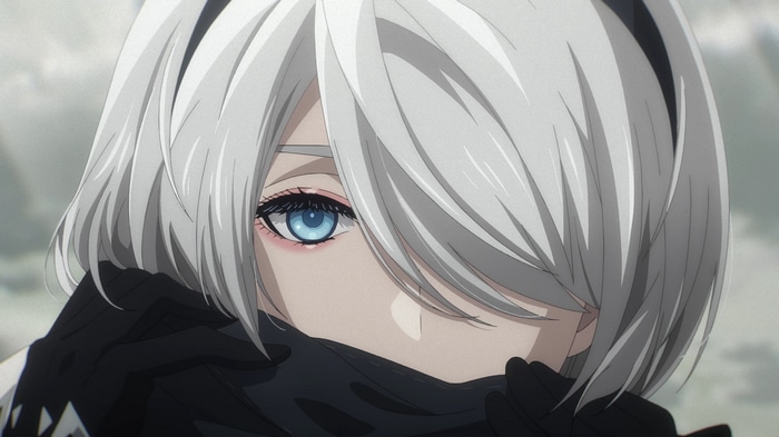 2B from Nier: Automata with silver hair and blue eyes
