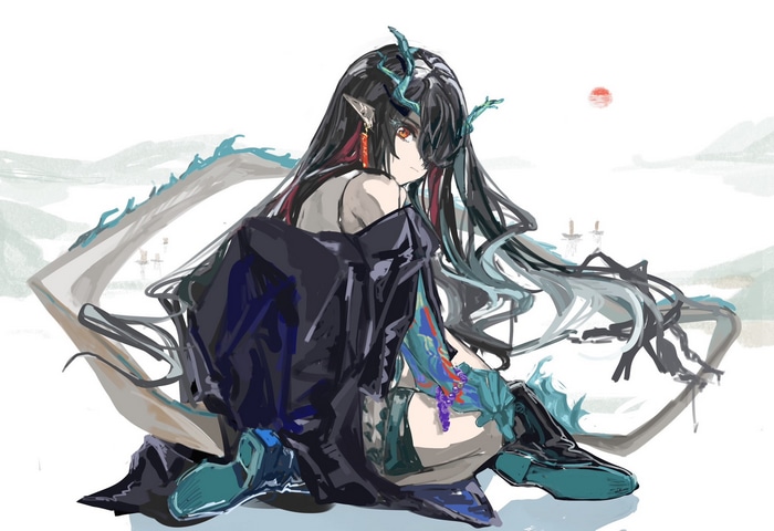 Arknights Dusk with dragon horns and tail