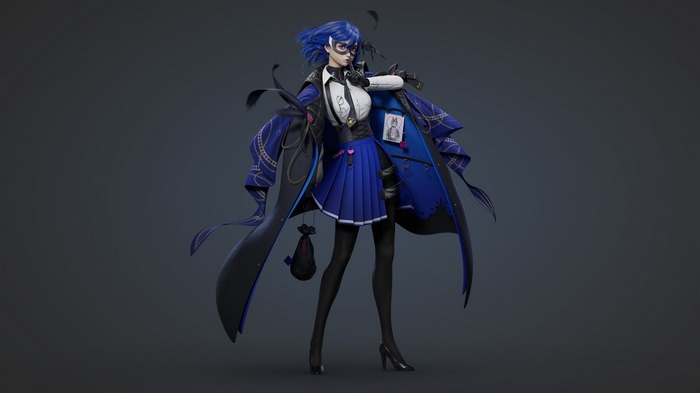 Ma Chui Chui with blue hair wearing a mask and skirt