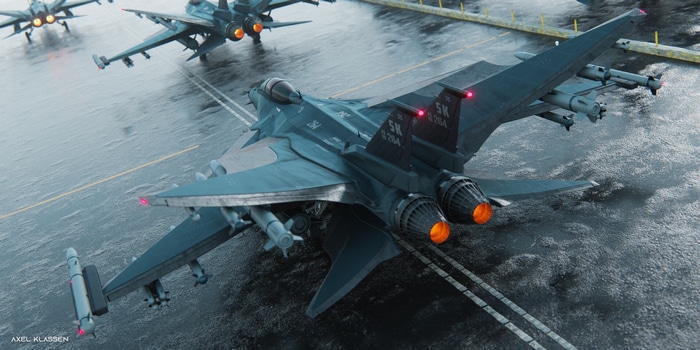 Military jets with missiles on a wet runway