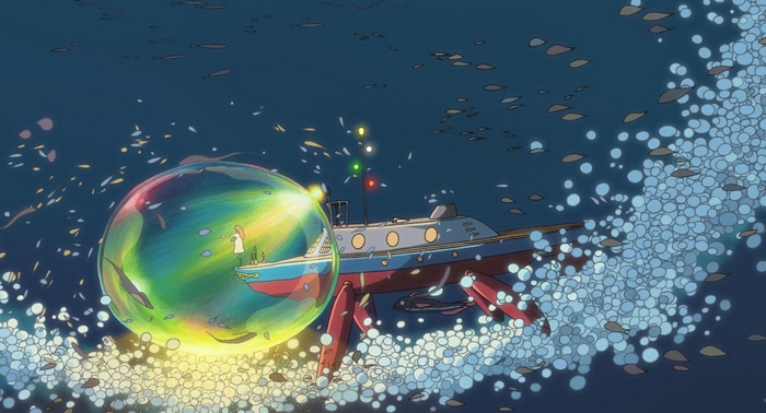 Ponyo underwater with a boat and a bubble