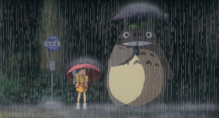 My Neighbor Totoro: Totoro and girls at bus stop in rain