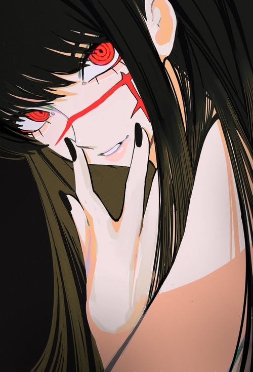 Asa Mitaka with red eyes and scars from Chainsaw Man