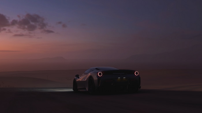 4K Ferrari supercar at sunset in Forza Horizon 5