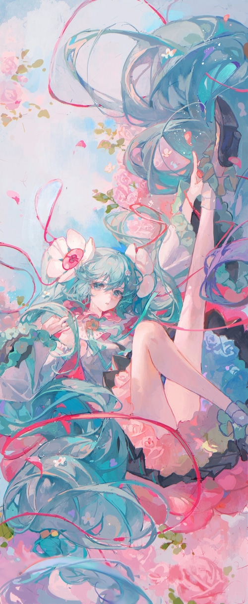 Hatsune Miku surrounded by pink roses and blue flowers