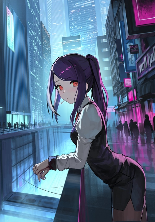 Jill Stingray smoking in a cyberpunk city at night