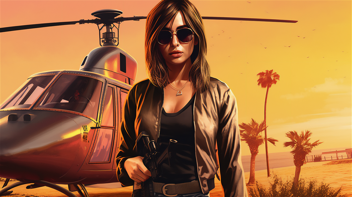 Woman with sunglasses and helicopter at sunset