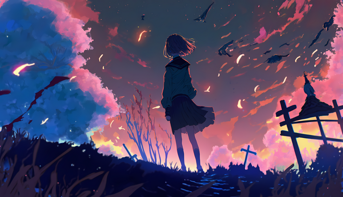 4K anime girl in a graveyard at sunset