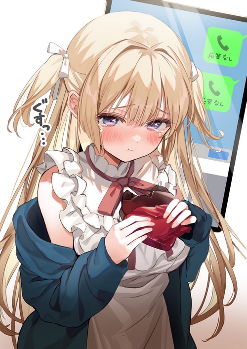 Crying girl holding chocolate, phone with missed calls
