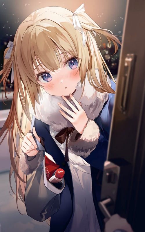 Blonde girl with pigtails holding a bag with a bottle