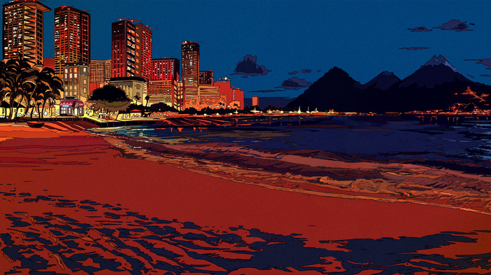 Cityscape with Mountains and Beach at Dusk