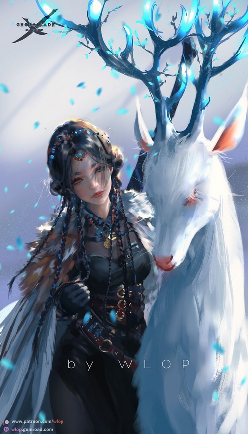 Fantasy girl with a white deer by WLOP