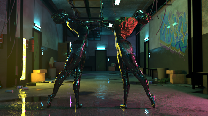 The Twins from Atomic Heart in a dark alley