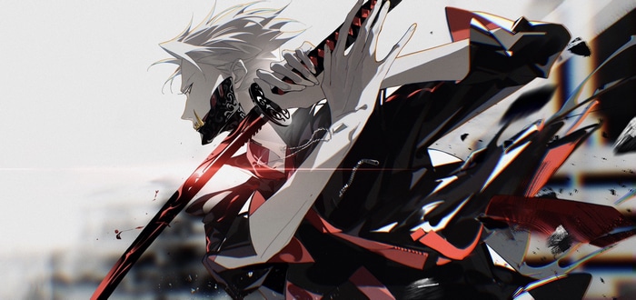 Anime man with katana and futuristic mask