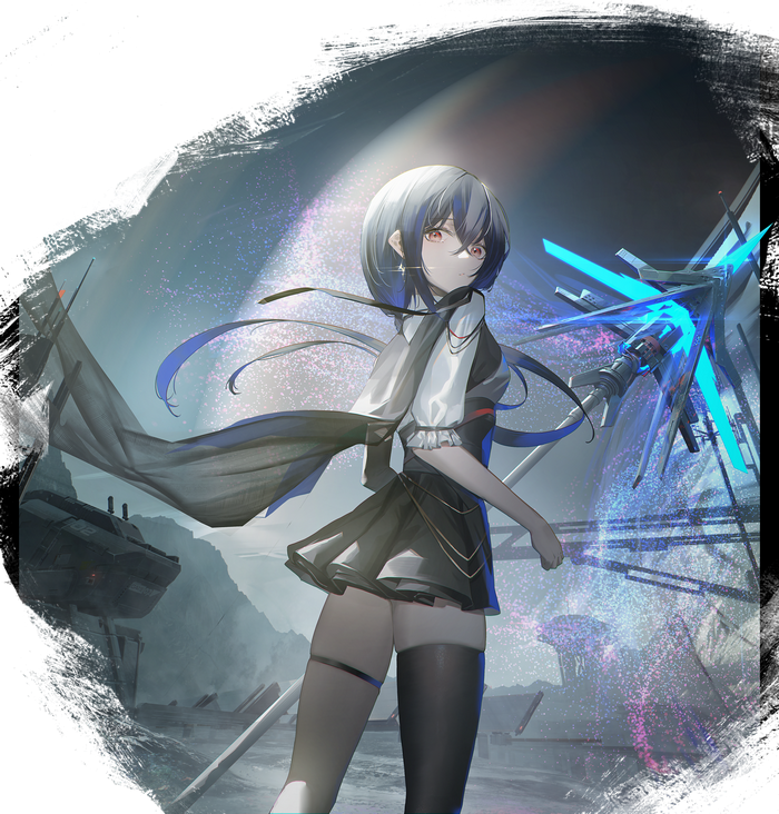 Girl with red eyes and staff in sci-fi setting