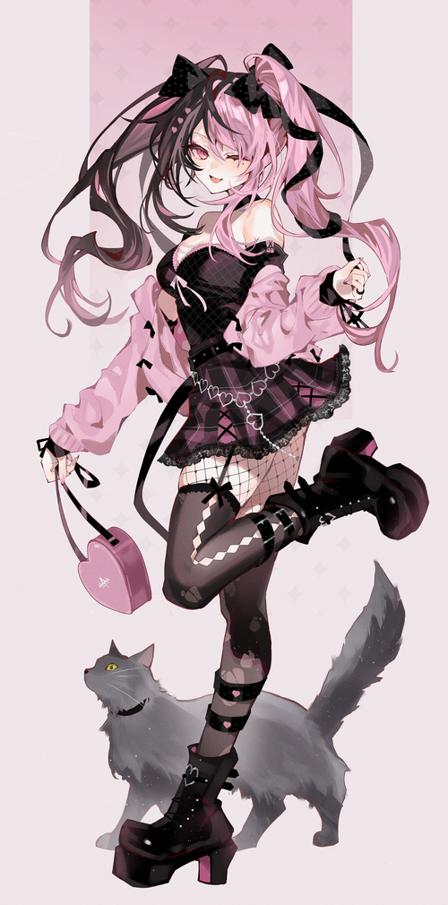 Anime girl with pink and black twintails and a cat
