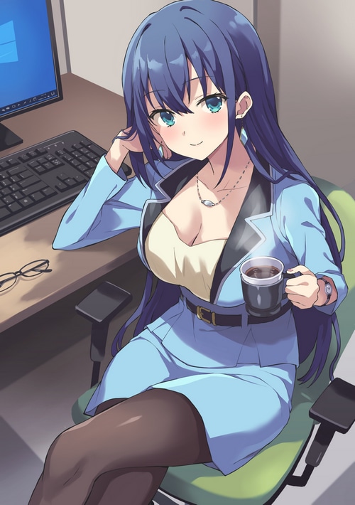 Anime woman in blue suit drinking coffee at desk