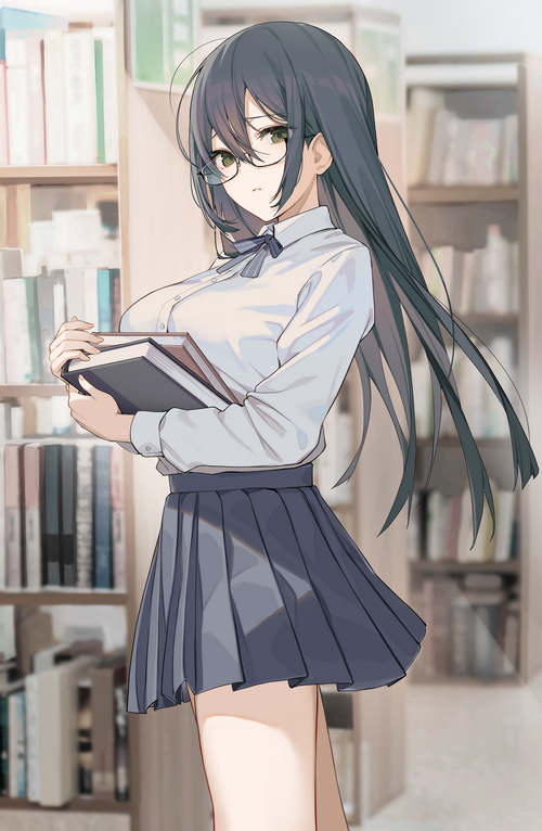 Schoolgirl with glasses holding books in a library
