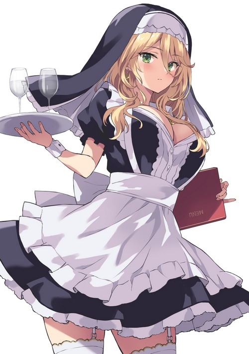 Maid with Blonde Hair and Green Eyes Serving Drinks