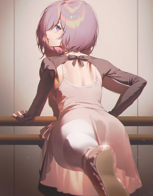 Anime girl in ballet attire at a barre