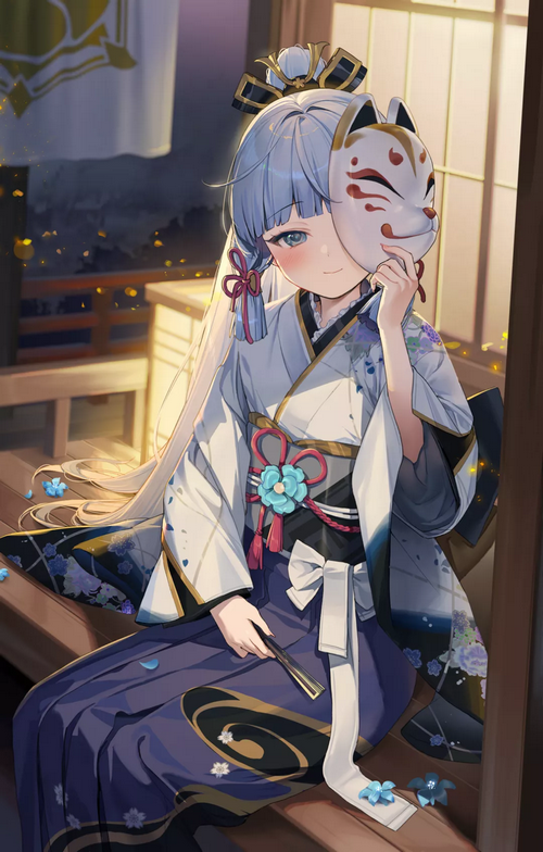 Kamisato Ayaka holding a Kitsune mask in a kimono