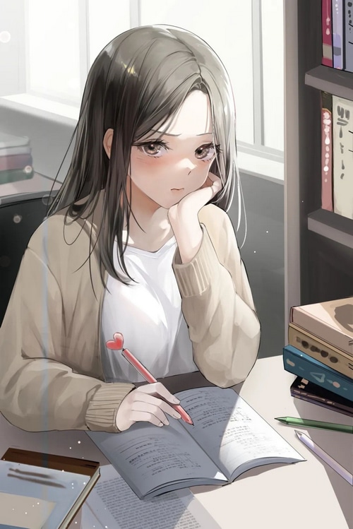 A young woman studying at a desk with books