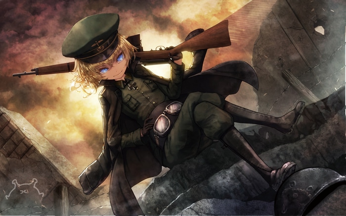 Tanya Degurechaff with a rifle in a war-torn setting