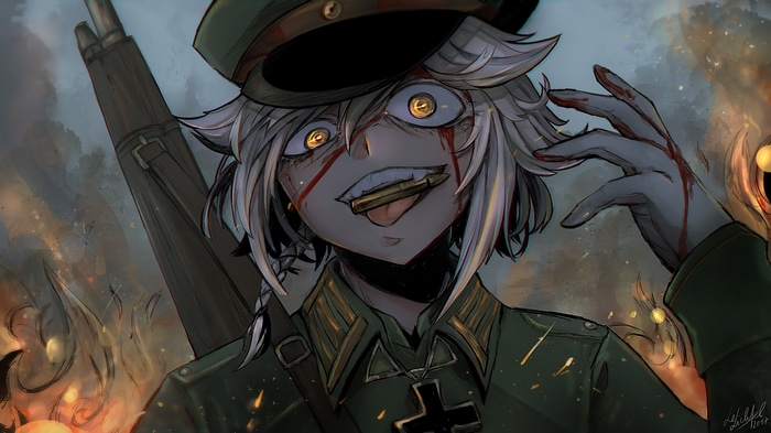 Tanya Degurechaff with a bullet in her mouth