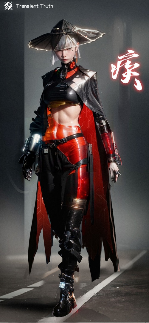 Rui Li in a futuristic outfit with a hat
