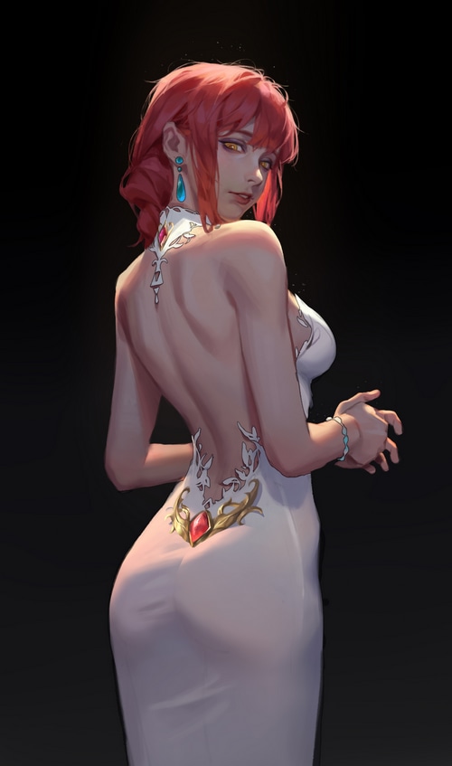 Woman in white dress with red hair and yellow eyes