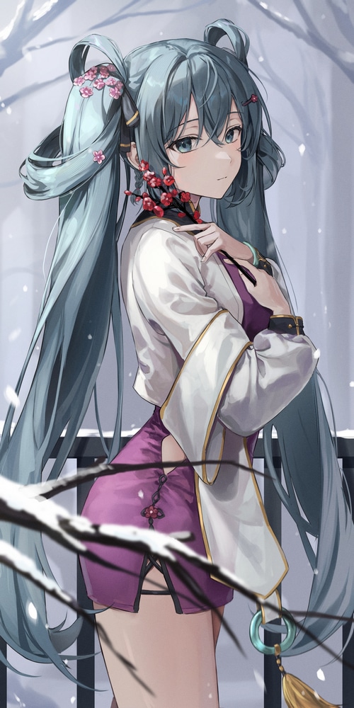 Hatsune Miku in a winter scene with snow and branches
