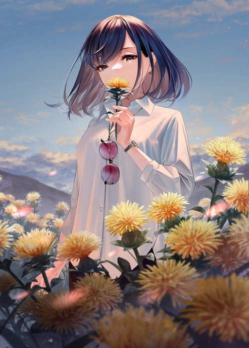 Anime girl smelling a flower in a field of dandelions