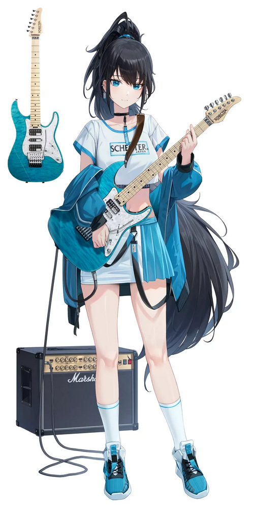 Anime girl with blue guitar and Marshall amp