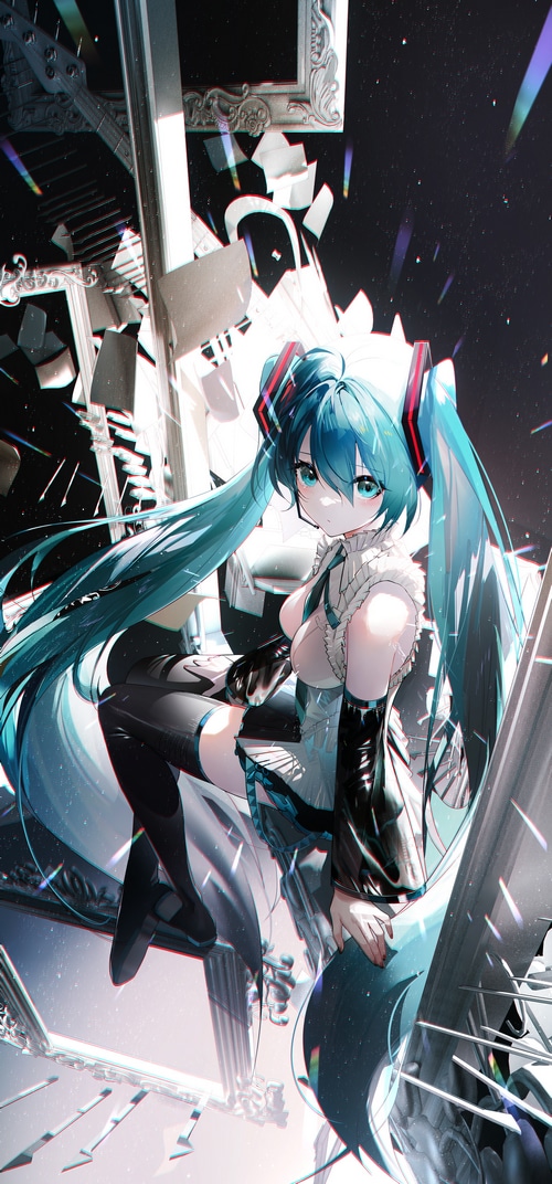 Hatsune Miku in a shattered, abstract environment