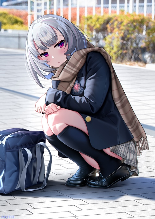 skirt squatting blushing thigh high socks school uniform