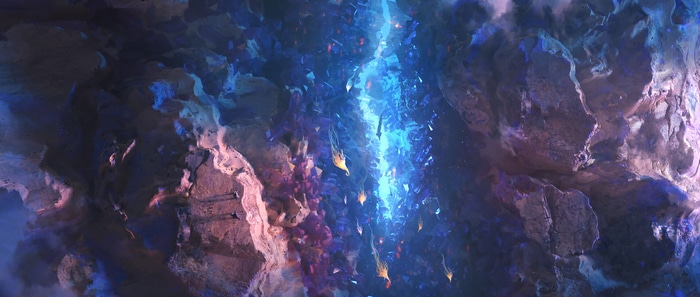 Abstract artwork of a glowing blue and purple cavern.